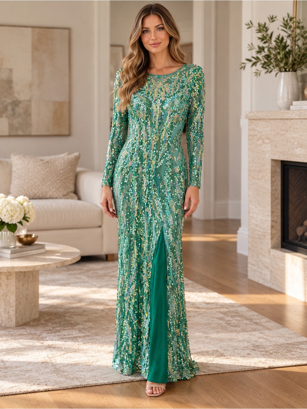 Rimavera Size 12 Aqua Sequin Long Sleeve Gown
